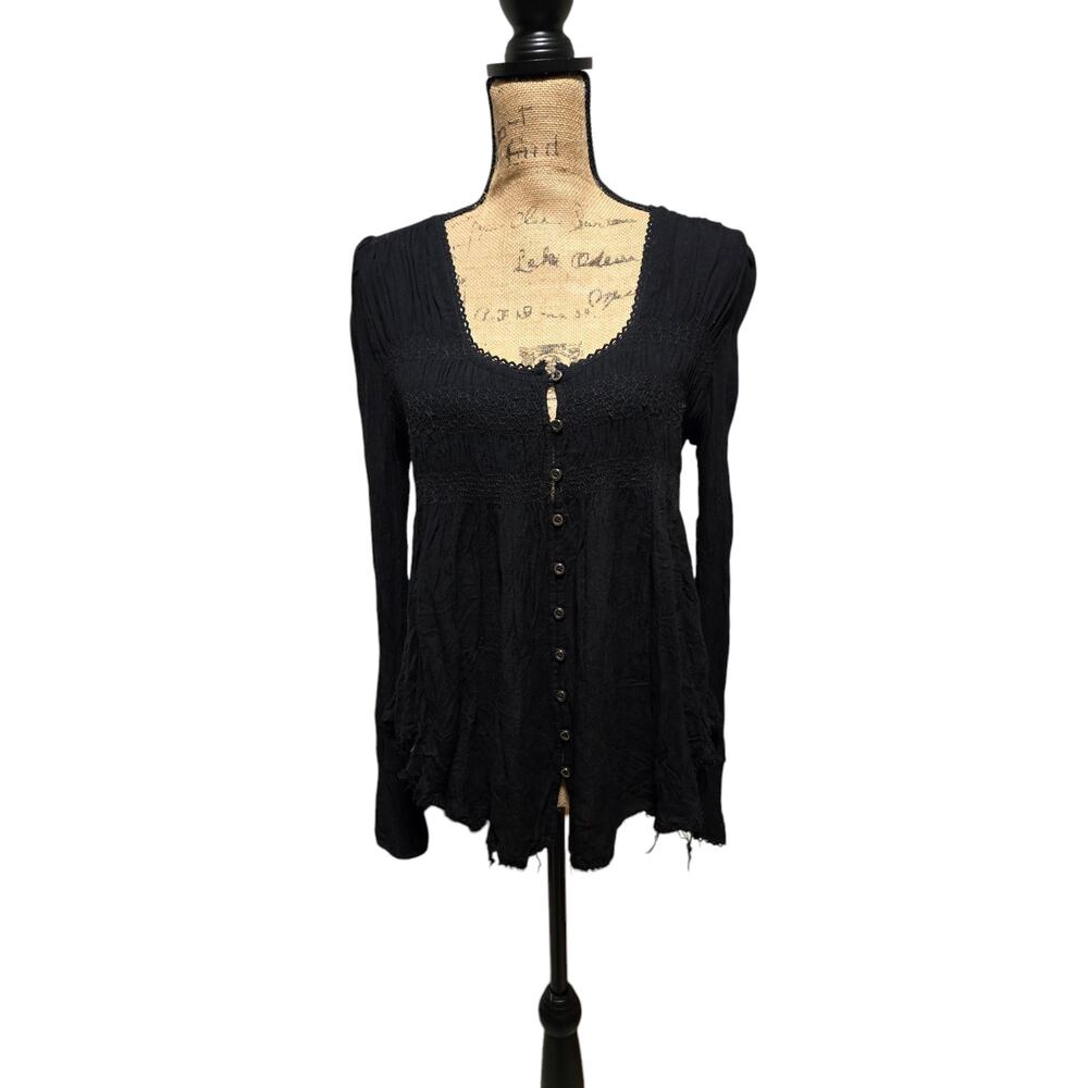 Free People mixed texture raw hem button front sweater, size small